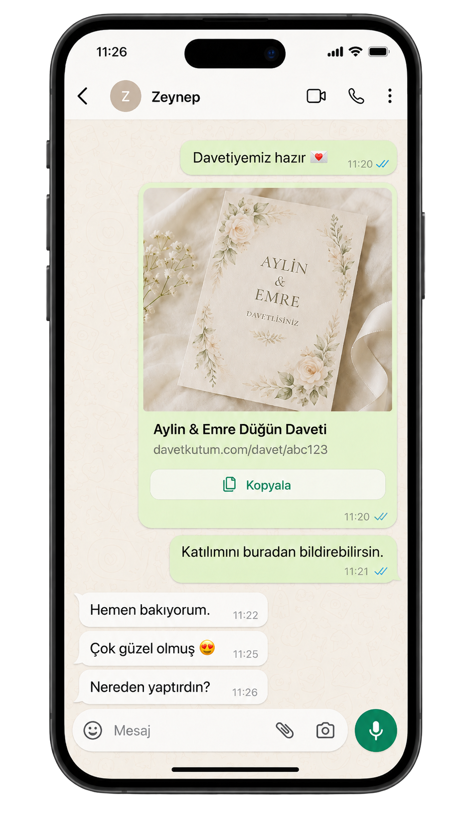 WhatsApp üzerinden davetiye bağlantısı paylaşımı yapılan telefon ekranı